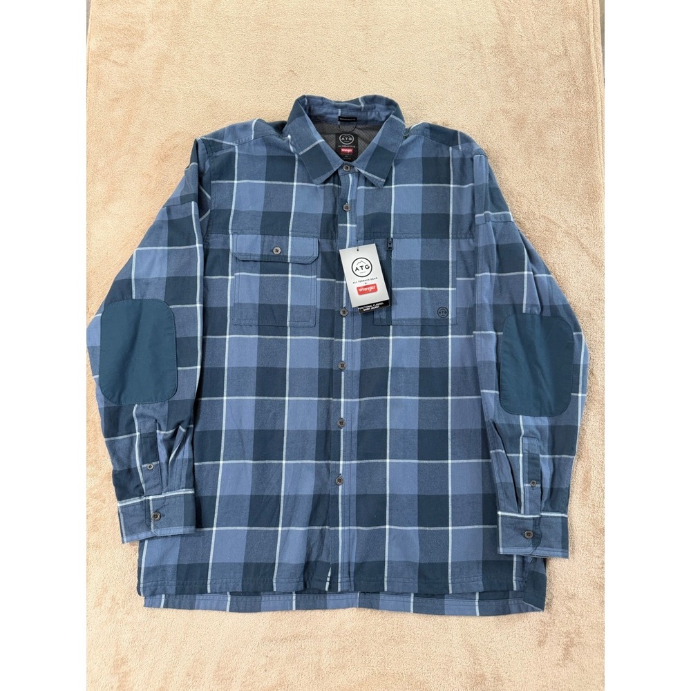 Wrangler ATG Flannel Shirt Jacket Mens Size XL Blue Plaid Reinforced Elbows NEW